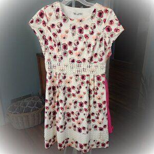 De Collection Burgundy Peach Pink Orange Floral Lace Midi Dress Women M